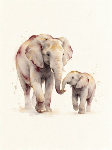 Aquarell: eine Elefantenmutter geht mit ihrem Kalb, die Rüssel miteinander verbunden